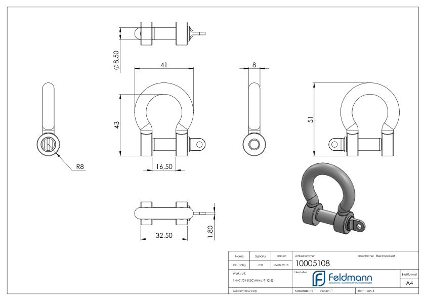 Gebogener Schäkel, M8, V4A