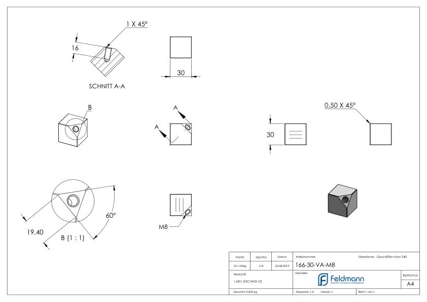 Würfel, 30x30mm, V2A