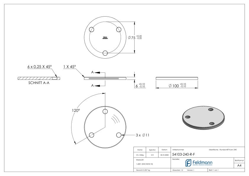 Ankerplatte Ø 100x6mm, mit Rundschliff und Fase, V2A