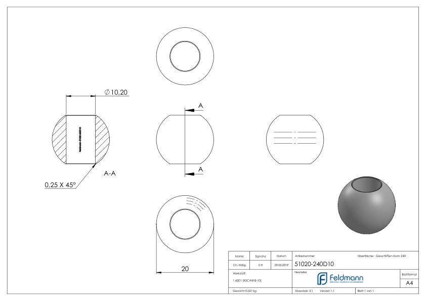 Vollkugel Ø 20mm mit Durchgangsbohrung 10,2mm, V2A