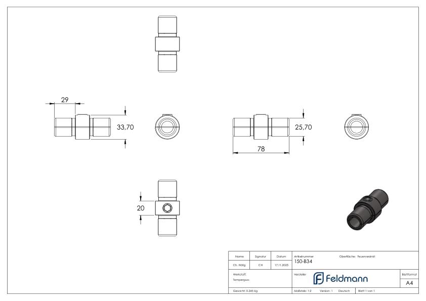 Verbinder, gerade, im Rohr, für Rohr Ø 33,7mm