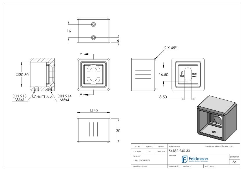 Wandbefestigung für Quadratrohr 30x30mm, V2A