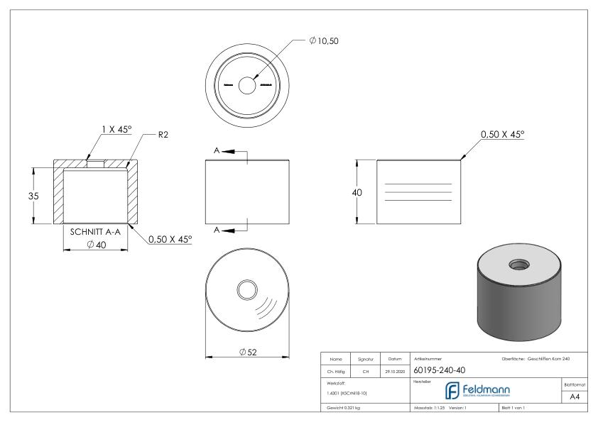 Unterteil Ø 52 mm, mit Durchgangsbohrung , t: 40mm, V2A Unterteil Ø 52 mm, mit Durchgangsbohrung , t: 40mm, V2A
