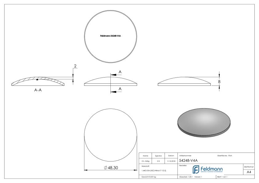 Gewölbte Schale Ø 48,3x2,0mm, H: 8mm, V4A