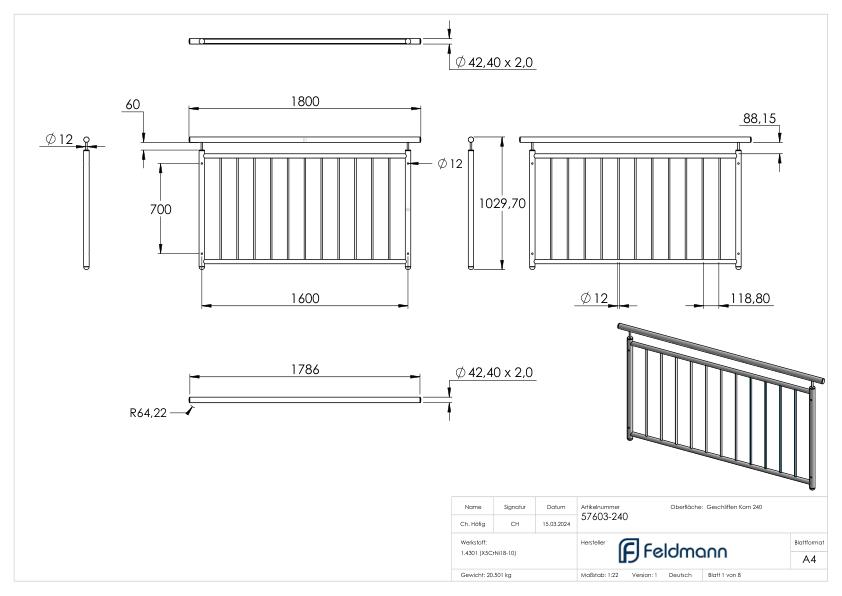 Französisches Balkongitter, gerade, B: 1600mm, V2A