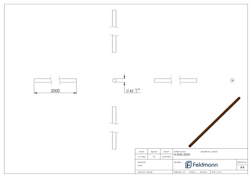 Holzhandlauf Eiche, Ø 42mm, L: 2000mm