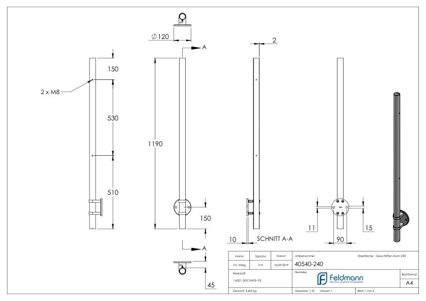 Edelstahlpfosten V2A zur Wandmontage, H: 1190mm