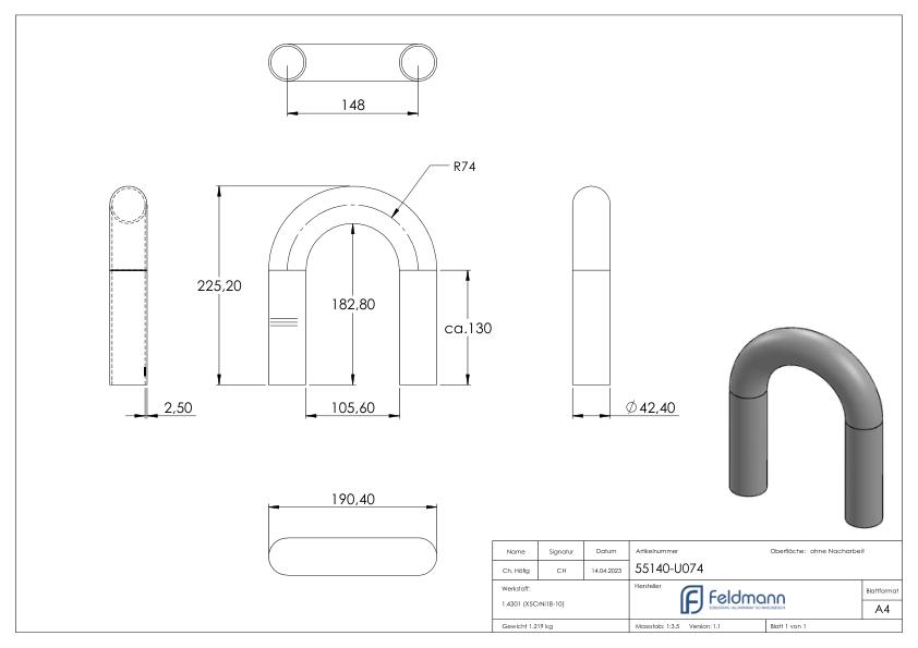 Rohrbogen 180°, aus Rohr 42,4x2,5mm, V2A