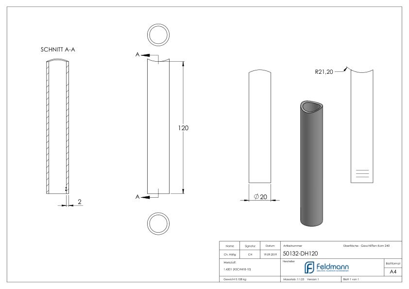 Distanzhülse, L: 120mm, für 42,4mm, V2A