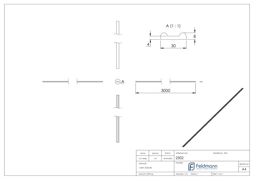 Hespeneisen S235JR, 30x8x4mm, L: 3000mm