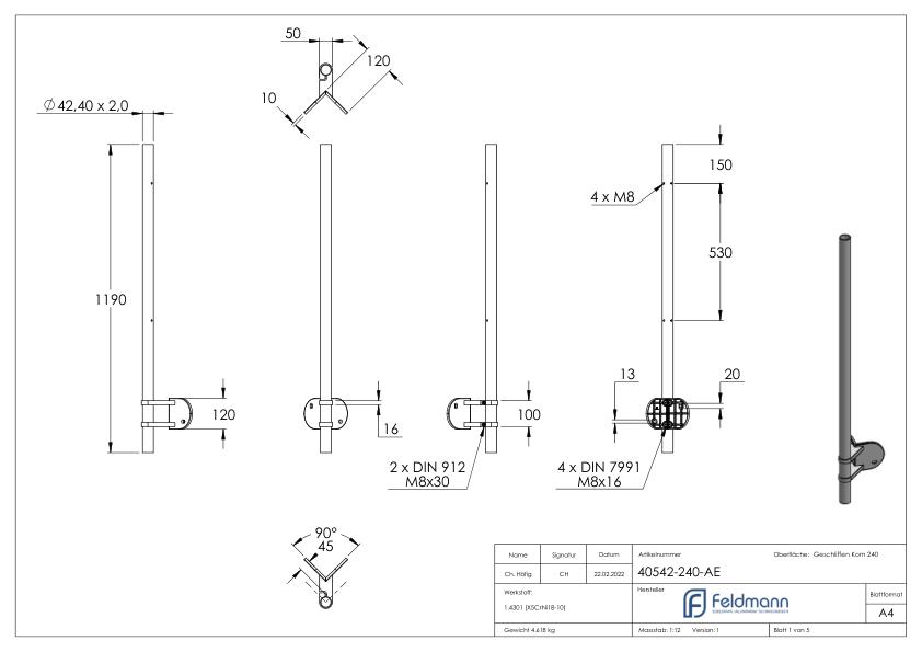 Edelstahlpfosten V2A zur Wandmontage für 90° Außeneck, H: 1190mm