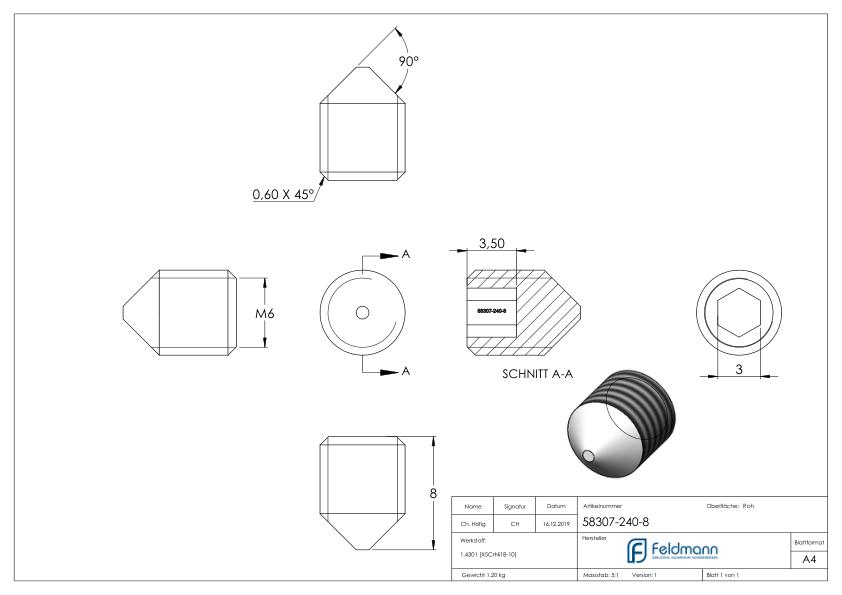 Gewindestift M6x8, V2A, DIN 914 / ISO 4027