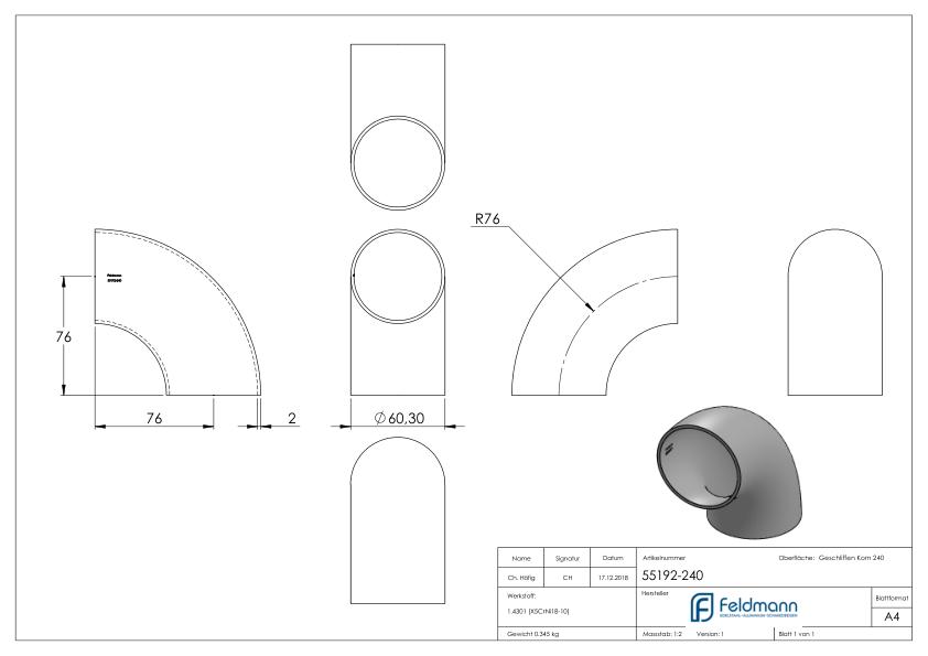 Schweißbogen 90°, 60,3x2,0mm, V2A