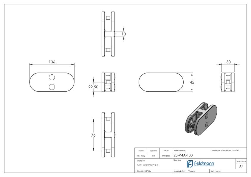 Glasklemme 180° Mod. 23, V4A