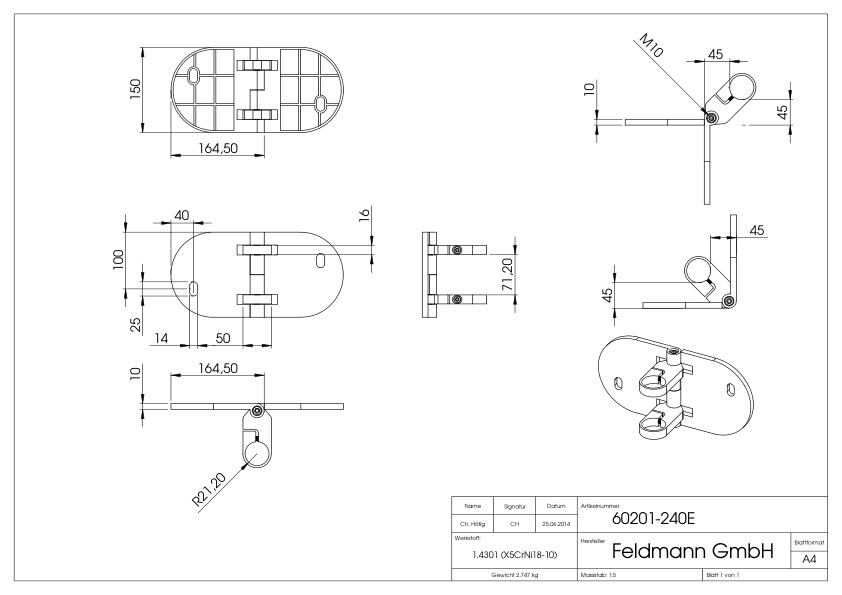 Wandbefestigung für Geländerpfosten 42,4mm, Ecke, V2A
