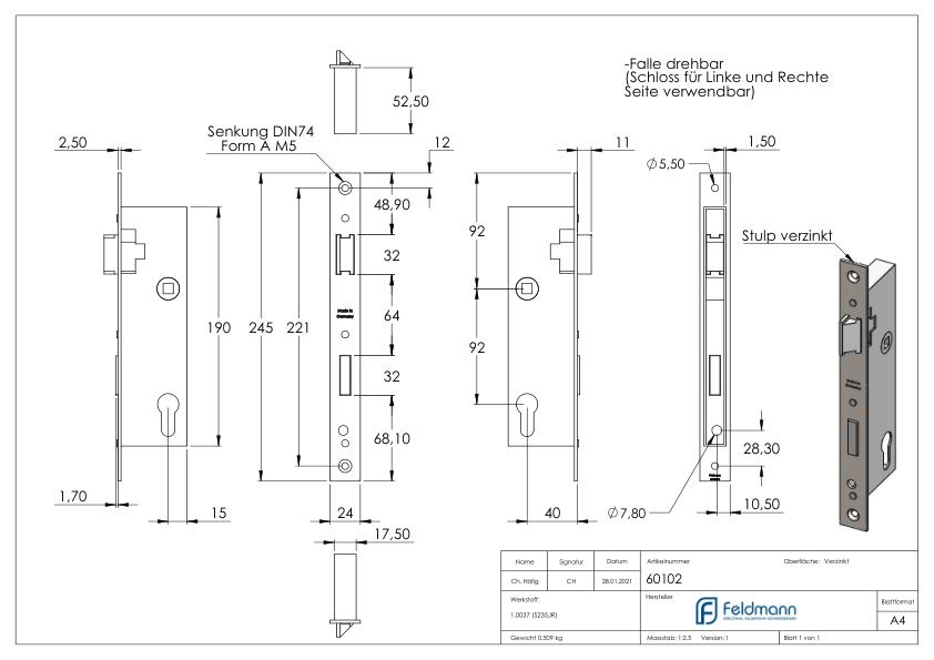 Rohrrahmenschloss verzinkt, Abstand 92mm, Dornmaß 40mm