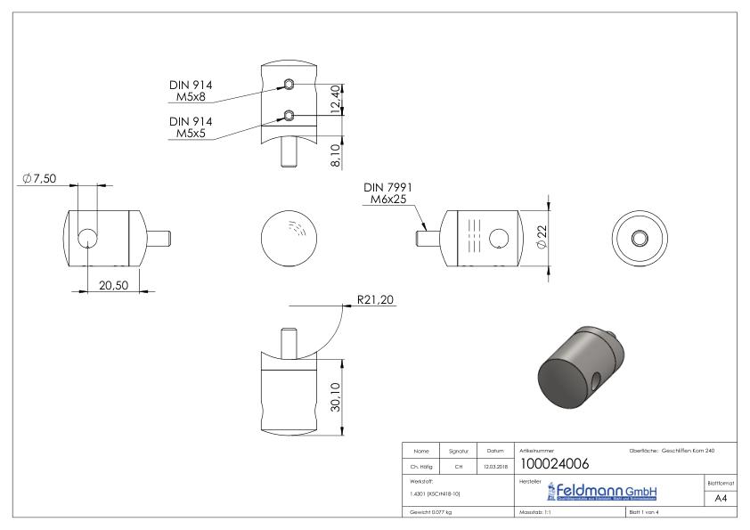 Seilhalter, für 6mm Seil, Anschluss: 42,4mm, V2A