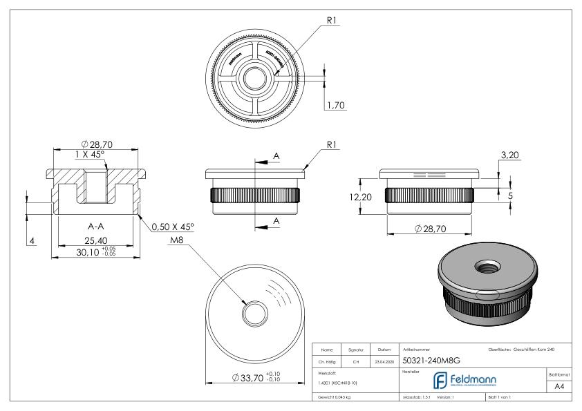 Rohrabschlussstopfen, für Rohr 33,7x2,0mm, V2A