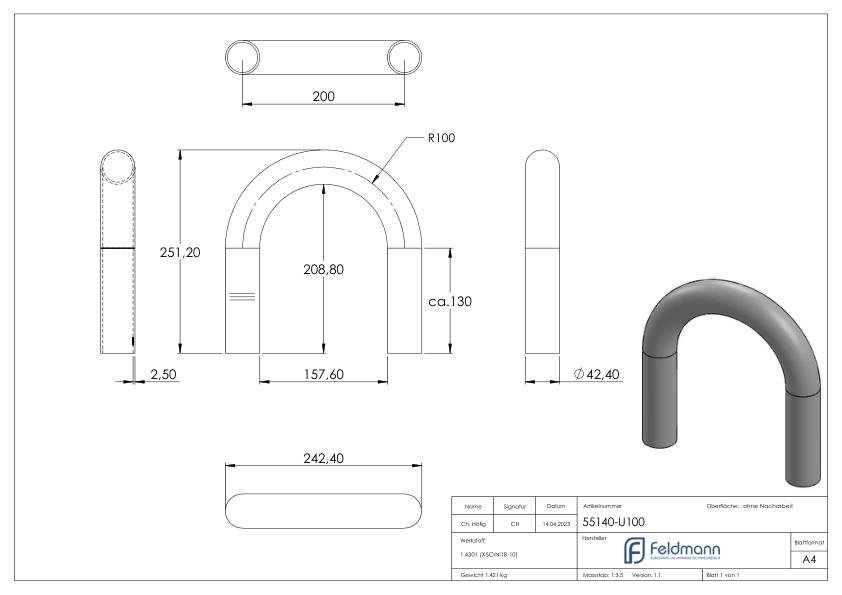 Rohrbogen 180°, aus Rohr 42,4x2,5mm, V2A