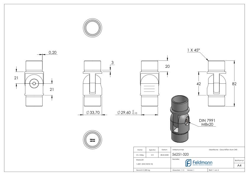 Gelenkstück, für Rohr 33,7x2,0mm, V2A