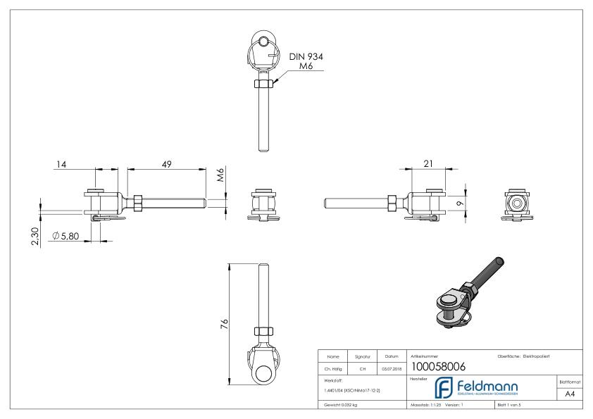 Gabelterminal mit Außengew. M6 rechts, V4A