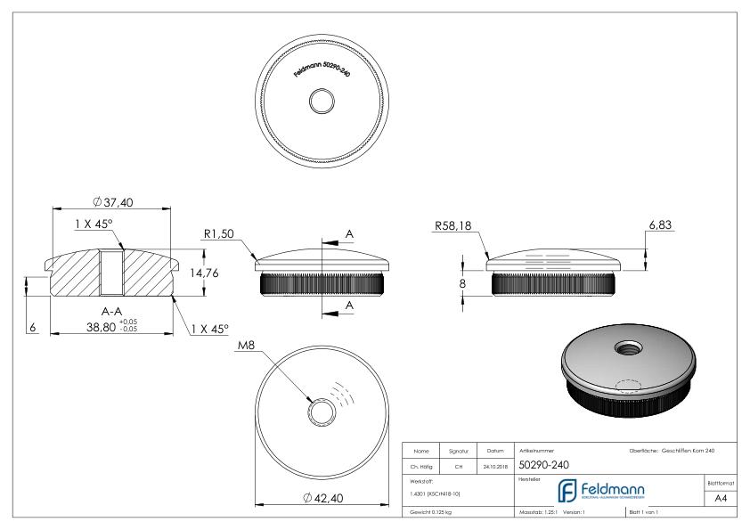 Rohrabschlussstopfen, für Rohr 42,4x2,0mm, V2A