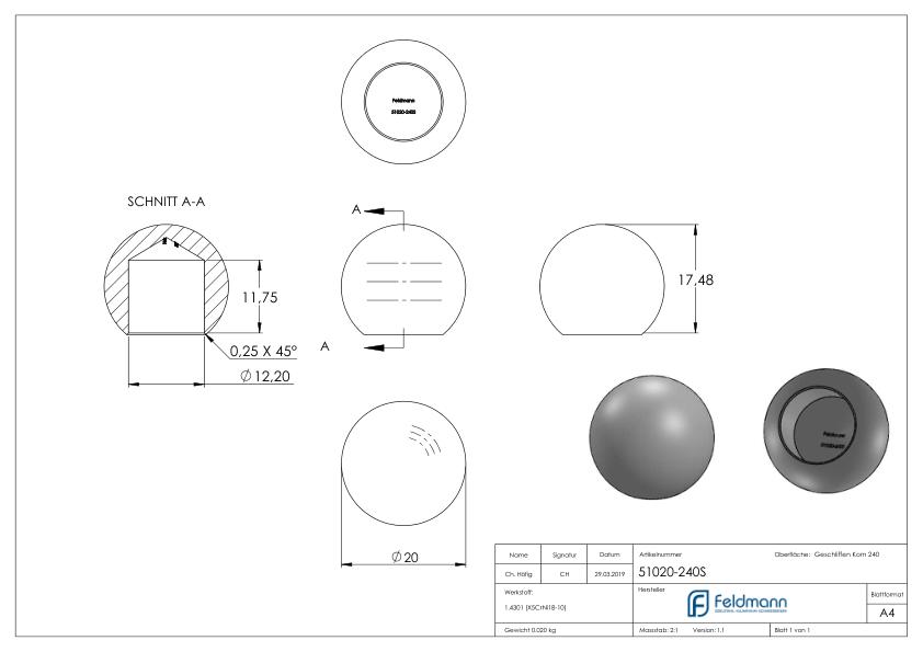 Vollkugel Ø 20mm mit Sackloch 12,2mm, V2A