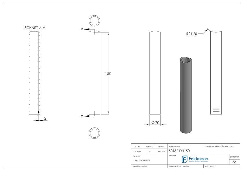 Distanzhülse, L: 150mm, für 42,4mm, V2A