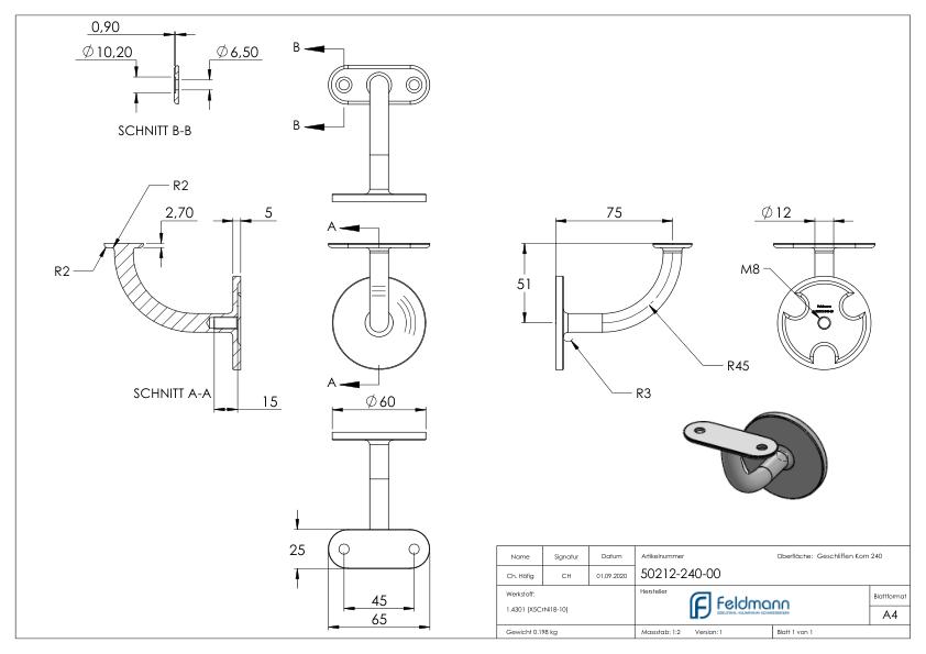 Handlaufhalter mit Handlaufanschlussplatte flach, (Ronde und Bügel verschweißt),V2A