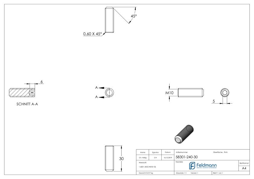 Gewindestift M10x30, V2A, DIN 913 / ISO 4026 Gewindestift M10x30, V2A, DIN 913 / ISO 4026
