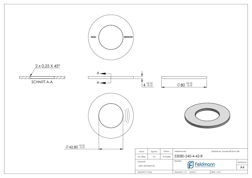 Ankerplatte Ø 80x4mm, mit Rundschliff, V2A