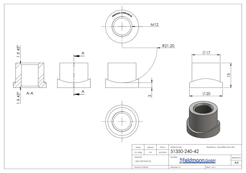 Gewindehülse, passend zu Torband 120-M12-VA, für Rohr 42,4mm, V2A