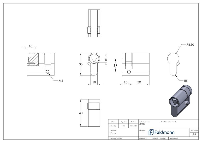 Halbzylinder, Dreikant, 8mm, innenliegend