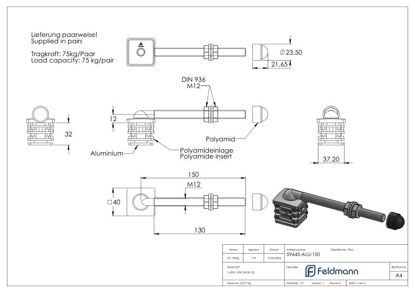 Torbandset M12 mit Länge 150mm für Rohr 40 x 40mm mit Aluminium-Kappen