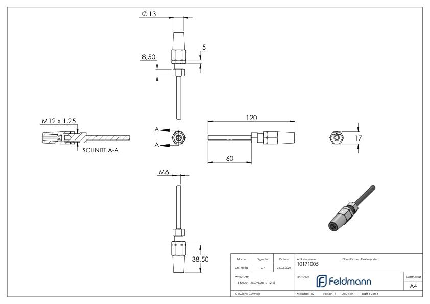 Gewindeterminal zur Selbstmontage für Seil Ø 5mm und Gewinde M6, V4A