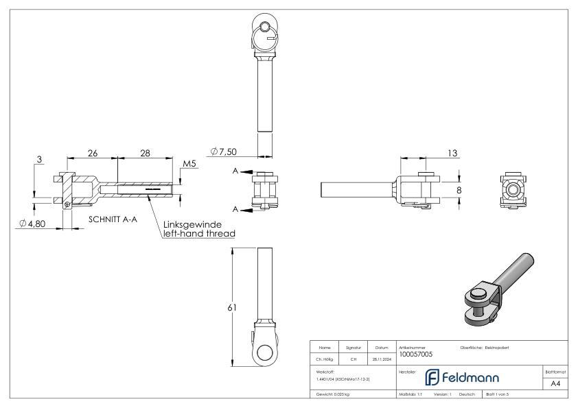 Gabelterminal mit Innengew. M5 links, V4A