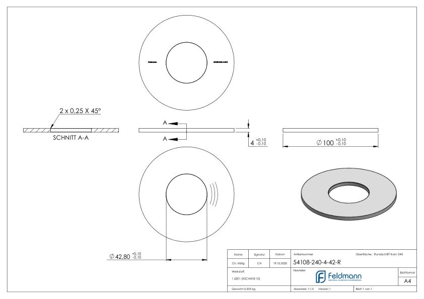 Ankerplatte Ø 100x4mm, mit Rundschliff, V2A