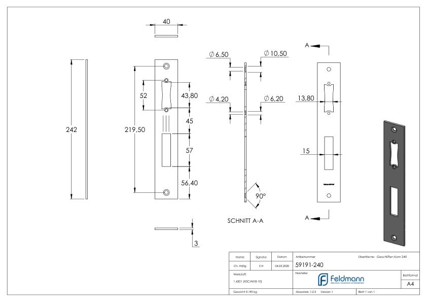 Edelstahlschließblech 242x40x3,0mm, für Abstand 92mm, V2A (1.4301)