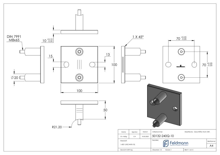 Wandbefestigung für Geländerpfosten 42,4mm, V2A