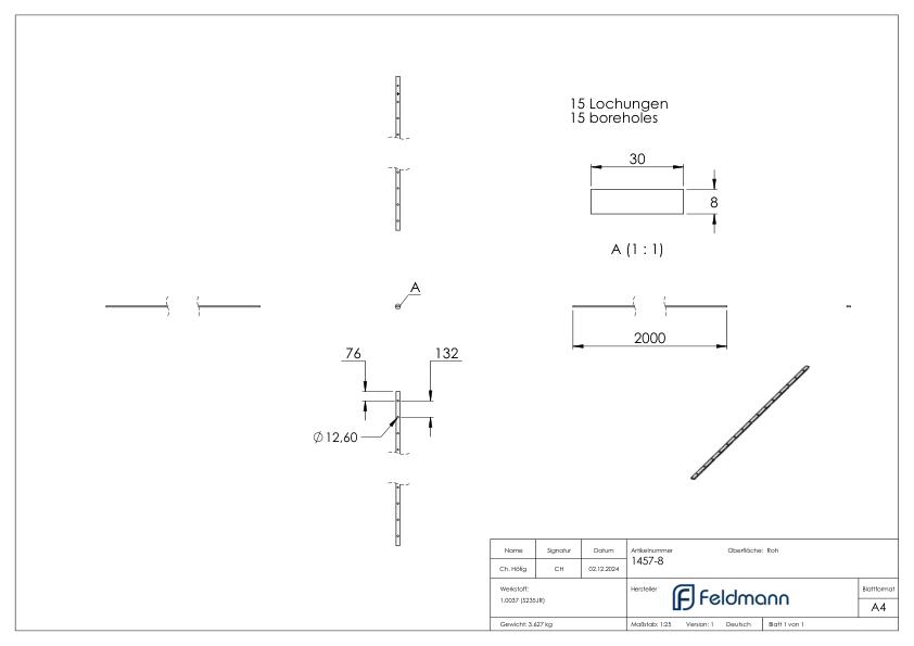 Lochleiste 30x8mm, für Stab Ø 12mm, Lochabstand 132mm, Länge 2m