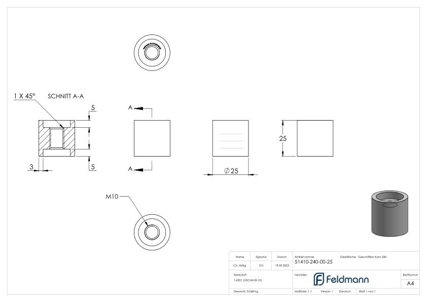 Wandhalter beide Seiten flach, Länge 25mm, V2A