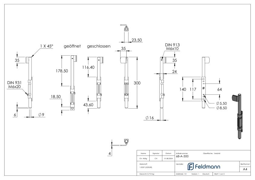 Torriegel zum Anschrauben, L: 300mm, verzinkt