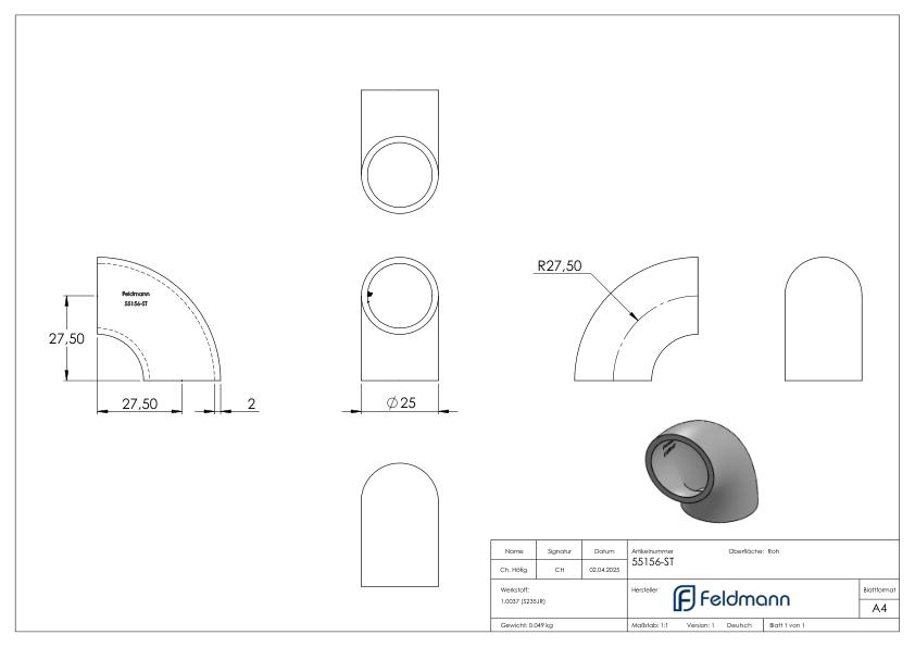 Schweißbogen 90° 25 x 2,0mm, Bauart 3