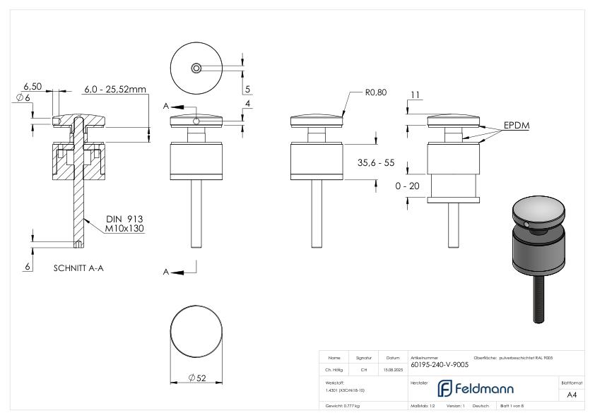 Glaspunkthalter 52mm, flach, verstellbar, V2A, pulverbeschichtet in RAL 9005 schwarz matt