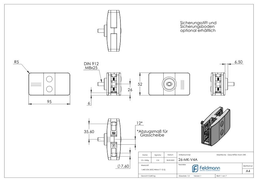 Sichtschutz Mittelglasklemme Mod. 26, V4A