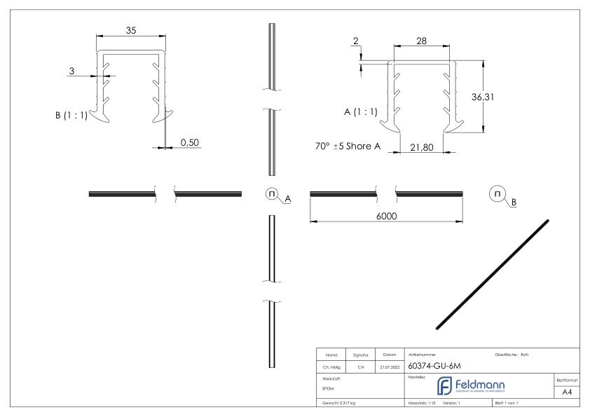 Keildichtung Glas 24,76 – 25,52mm, für Nut 34x34mm, 6m
