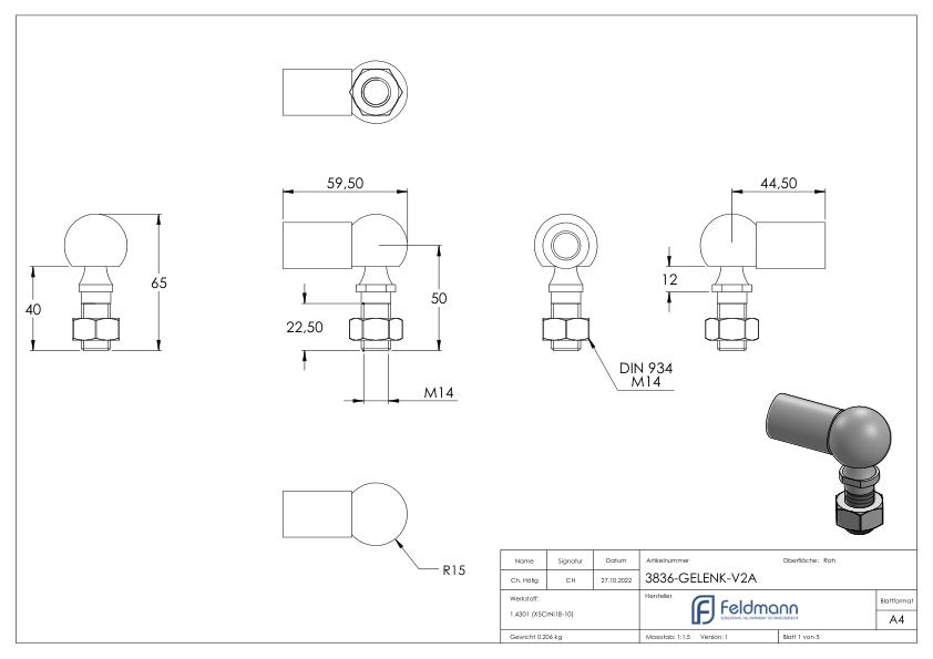 Kugelgelenk M14 x 2 mit Rechtsgewinde, ohne Schraube, V2A