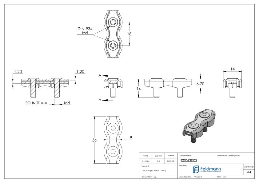 Duplexklemmen für Seil 3mm, V4A