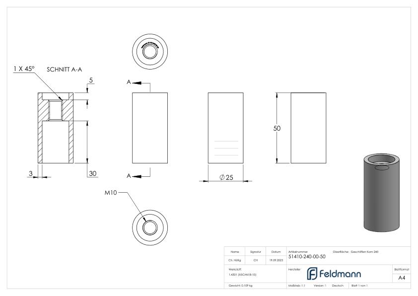 Wandhalter beide Seiten flach, Länge 50mm, V2A