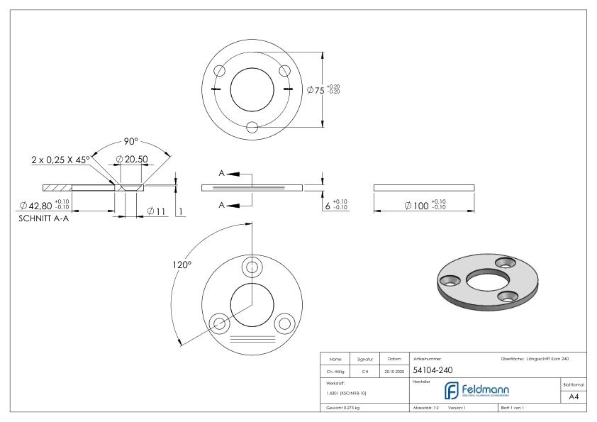 Ankerplatte Ø 100x6mm, mit Längsschliff, V2A